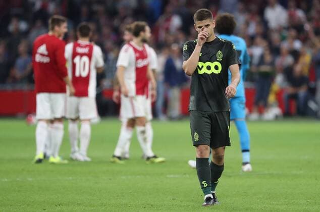 Standard s Razvan Marin looks dejected after a soccer game between Dutch club AFC Ajax and Belgian team Standard de Liege, Tuesday 14 August 2018 in Amsterdam, the Netherlands, the return leg of the third qualifying round of the UEFA Champions League. The first leg resulted in a 2-2 draw. VIRGINIExLEFOUR  x05405939x
