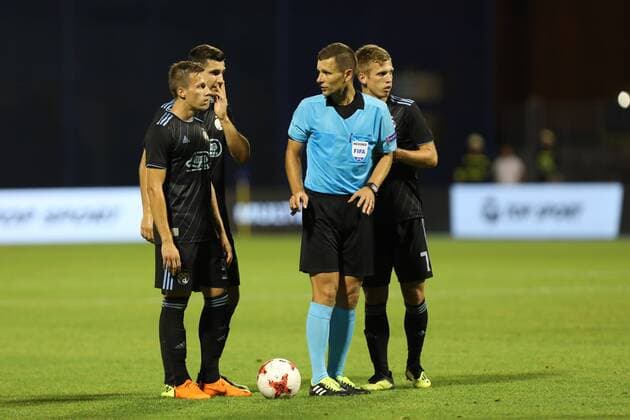 Zagreb, 14.8.2018. - Stadium Maksimir, UEFA Champions League 2018 2019. Third Qualifying Round. GNK Dinamo (dark-blue) - FC Astana (yellow) 1:0 Referee Gediminas Mazeika (LTU), Mario Budimir (9), Petar Stojanovic (30) and Dani Olmo (7) 