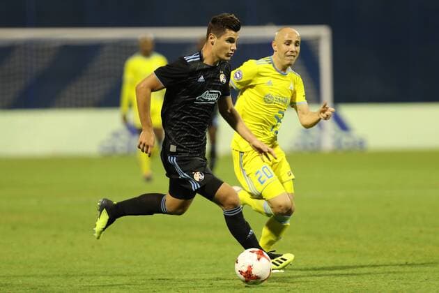 Zagreb, 14.8.2018. - Stadium Maksimir, UEFA Champions League 2018 2019. Third Qualifying Round. GNK Dinamo (dark-blue) - FC Astana (yellow) 1:0 Amer Gojak (14) vs Richard Almeida (20) 