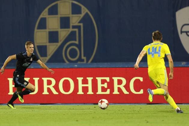 Zagreb, 14.8.2018. - Stadium Maksimir, UEFA Champions League 2018 2019. Third Qualifying Round. GNK Dinamo (dark-blue) - FC Astana (yellow) 1:0 Dani Olmo (7) vs Evgeni Postnikov (44) 