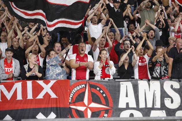AMSTERDAM, 14-08-2018 , Johan Cruyff-Arena , football season 2018 2019, UEFA Champions League third qualifying round, 2nd leg , Ajax-fans celebrate the victory after the game Ajax - Standard Luik 3-0. Ajax - Standard Luik  x2399265x