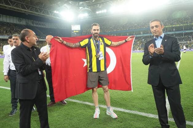 UEFA Champions League qualifying second leg match between Fenerbahce and Benfica at Ulker Arena in Istanbul , Turkey on August 14 , 2018. Pictured: Sprinter athlete Ramil Guliyev and President Ali Koc 