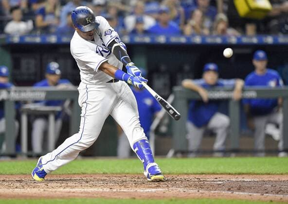 August 14, 2018 - Kansas City, MO, USA - The Kansas City Royals Salvador Perez connects on an RBI double in the third inning against the Toronto Blue Jays on Tuesday, Aug. 14, 2018, at Kauffman Stadium in Kansas City, Mo. Toronto at Kansas City - ZUMAm67_ 20180814_zaf_m67_035 Copyright: xJohnxSleezerx