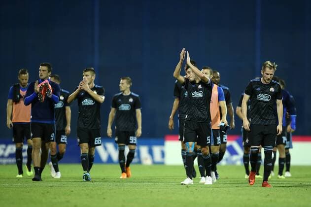 (180815) -- ZAGREB, Aug. 15, 2018 -- Players of GNK Dinamo Zagreb celebrate after winning FC Astana in the second leg of the 3rd round UEFA Champions League qualifying match in Zagreb, Croatia, Aug. 14, 2018. GNK Dinamo Zagreb won 1-0. ) (SP)CROATIA-ZAGREB-SOCCER-UEFA CHAMPIONSHIP LEAGUE-QUALIFYING MATCH IgorxSoban 