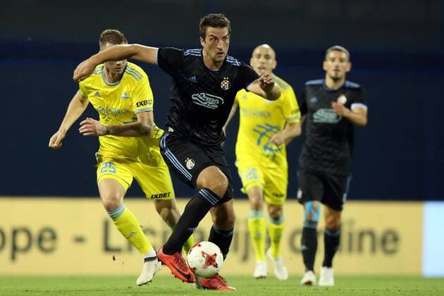 (180815) -- ZAGREB, Aug. 15, 2018 -- Mario Budimir (front) of GNK Dinamo Zagreb competes during the second leg of the 3rd round UEFA Champions League qualifying match between GNK Dinamo Zagreb and FC Astana in Zagreb, Croatia, Aug. 14, 2018. GNK Dinamo Zagreb won 1-0. ) (SP)CROATIA-ZAGREB-SOCCER-UEFA CHAMPIONSHIP LEAGUE-QUALIFYING MATCH LukaxStanzl 