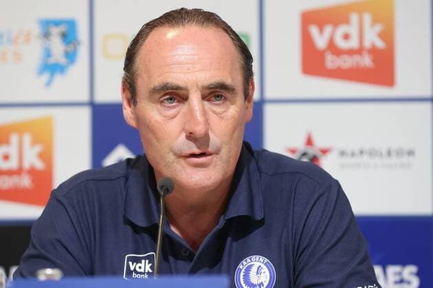 Gent s head coach Yves Vanderhaeghe pictured during a press conference PK Pressekonferenz of Belgian first division soccer team KAA Gent, Wednesday 15 August 2018 in Gent, ahead of the return leg of the third qualification game of KAA Gent in the Europa League competition, against Poland club Jagiellonia Bialystok, Tomorrow. BRUNOxFAHY  x05406057x