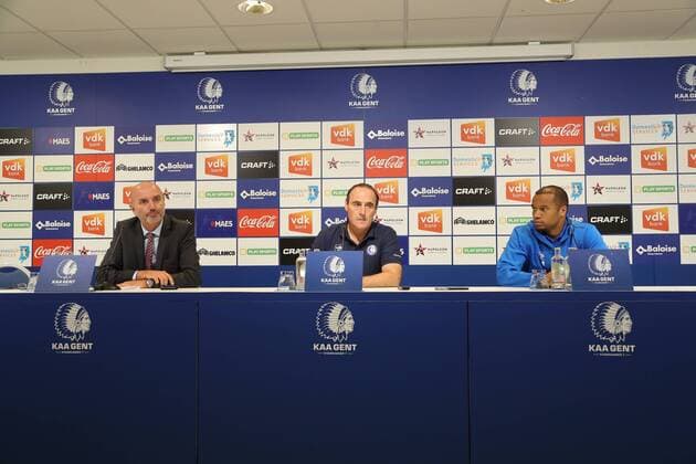 Gent s Marc Van Lysebetten, Gent s head coach Yves Vanderhaeghe and Gent s Vadis Odjidja-Ofoe pictured during a press conference PK Pressekonferenz of Belgian first division soccer team KAA Gent, Wednesday 15 August 2018 in Gent, ahead of the return leg of the third qualification game of KAA Gent in the Europa League competition, against Poland club Jagiellonia Bialystok, Tomorrow. BRUNOxFAHY  x05406058x