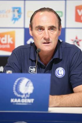 Gent s head coach Yves Vanderhaeghe pictured during a press conference PK Pressekonferenz of Belgian first division soccer team KAA Gent, Wednesday 15 August 2018 in Gent, ahead of the return leg of the third qualification game of KAA Gent in the Europa League competition, against Poland club Jagiellonia Bialystok, Tomorrow. BRUNOxFAHY  x05406066x
