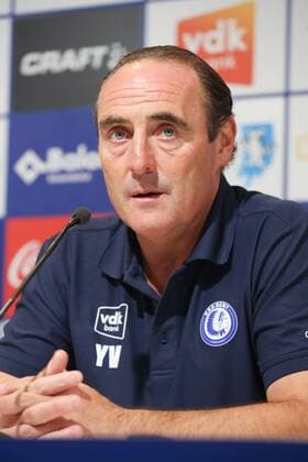 Gent s head coach Yves Vanderhaeghe pictured during a press conference PK Pressekonferenz of Belgian first division soccer team KAA Gent, Wednesday 15 August 2018 in Gent, ahead of the return leg of the third qualification game of KAA Gent in the Europa League competition, against Poland club Jagiellonia Bialystok, Tomorrow. BRUNOxFAHY  x05406063x