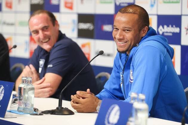Gent s head coach Yves Vanderhaeghe and Gent s Vadis Odjidja-Ofoe pictured during a press conference PK Pressekonferenz of Belgian first division soccer team KAA Gent, Wednesday 15 August 2018 in Gent, ahead of the return leg of the third qualification game of KAA Gent in the Europa League competition, against Poland club Jagiellonia Bialystok, Tomorrow. BRUNOxFAHY  x05406099x