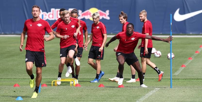 RB Leipzig Training Euro League Qualifiers Leipzig 15 08 2018 RBL Training Center Soccer GER 1 Bundesliga UEFA Europa League qualification RB LEIPZIG Training the day before the match at Craiova ROU In the picture v l Stefan Ilsanker Emil Forsberg Kevin Kampl Ibrahima KonatŽ Konate all RB Leipzig