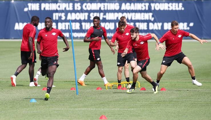 RB Leipzig Training Euro League Qualifiers Leipzig 15 08 2018 RBL Training Center Soccer GER 1 Bundesliga UEFA Europa League qualifying RB LEIPZIG Training the day before the match at Craiova ROU In the picture from Dayot Upamecano Jean Kevin Augustin Nordi Mukiele Marcello Saracchi Massimo Bruno and Willi Orban all RB Leipzig