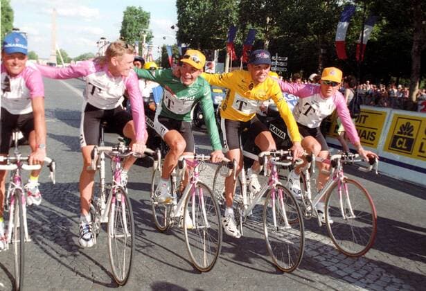 Tour de France 1997 Team Telekom on lap of honor on the Champs Elysee from the left Bjärne Riis Rolf Aldag Erik Zabel Overall winner Jan Ullrich Jens Heppner on 27 07 1997 HM