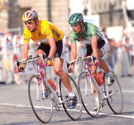 Tour de France 1997 Overall winner Jan Ullrich in the yellow jersey and Erik Zabel in the green jersey on 27 07 1997 in Paris HM