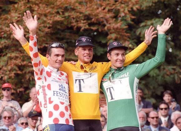 Tour de France 1997 Presentation Tour de France on 27 07 1997 from left Richard Virenque France Overall winner Jan Ullrich Germany and Erik Zabel Germany winner with the green jersey HM