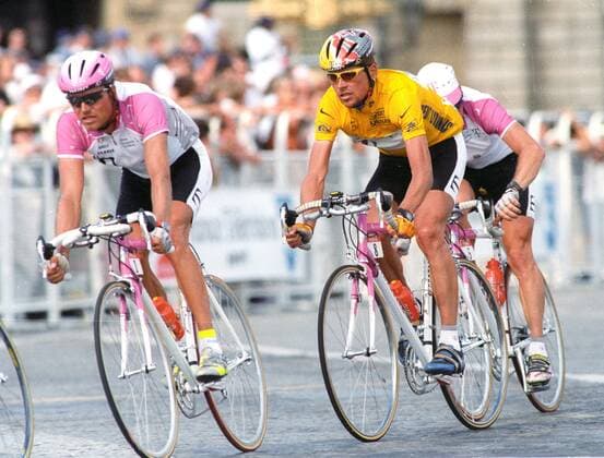 Tour de France 1997 Jan Ullrich in yellow jersey and Bjarne Riis left on 27 07 1997 in Paris HM