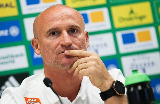 SOCCER - EL, Rapid vs Bratislava VIENNA,AUSTRIA, 15.AUG.18 - SOCCER - UEFA Europa League, SK Rapid Wien vs Slovan Bratislava, preview, press conference PK Pressekonferenz Rapid. Image shows head coach Goran Djuricin (Rapid). Keywords: Wien Energie. GEPAxpictures xPhilippxBrem