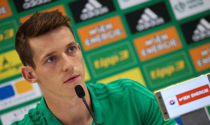 SOCCER - EL, Rapid vs Bratislava VIENNA,AUSTRIA, 15.AUG.18 - SOCCER - UEFA Europa League, SK Rapid Wien vs Slovan Bratislava, preview, press conference PK Pressekonferenz Rapid. Image shows Richard Strebinger (Rapid). Keywords: Wien Energie. GEPAxpictures xPhilippxBrem