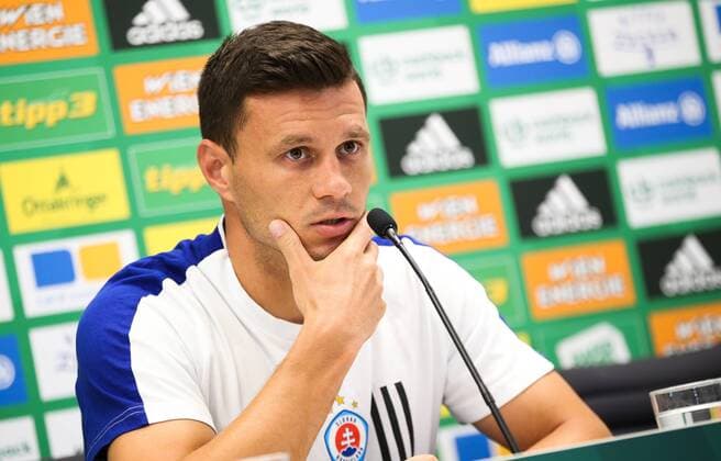 SOCCER - EL, Rapid vs Bratislava VIENNA,AUSTRIA, 15.AUG.18 - SOCCER - UEFA Europa League, SK Rapid Wien vs Slovan Bratislava, preview, press conference PK Pressekonferenz Bratislava. Image shows Vasil Bozhikov (Slovan). Keywords: Wien Energie. GEPAxpictures xPhilippxBrem