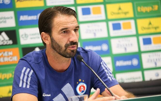 SOCCER - EL, Rapid vs Bratislava VIENNA,AUSTRIA, 15.AUG.18 - SOCCER - UEFA Europa League, SK Rapid Wien vs Slovan Bratislava, preview, press conference PK Pressekonferenz Bratislava. Image shows head coach Martin Sevela (Slovan). Keywords: Wien Energie. GEPAxpictures xPhilippxBrem