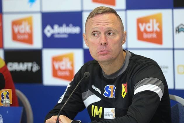 Jagiellonia s head coach Ireneusz Mamrot pictured during a press conference PK Pressekonferenz of Poland club Jagiellonia Bialystok, Wednesday 15 August 2018 in Gent, ahead of the return leg of the third qualification game of Jagiellonia Bialystok in the Europa League competition, against Belgian first division soccer team KAA Gent, Tomorrow. BRUNOxFAHY  x05406648x