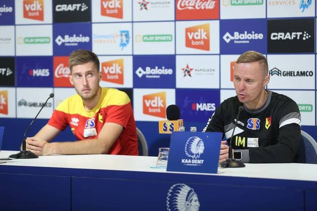 Jagiellonia s Taras Romanchuk and Jagiellonia s head coach Ireneusz Mamrot pictured during a press conference PK Pressekonferenz of Poland club Jagiellonia Bialystok, Wednesday 15 August 2018 in Gent, ahead of the return leg of the third qualification game of Jagiellonia Bialystok in the Europa League competition, against Belgian first division soccer team KAA Gent, Tomorrow. BRUNOxFAHY  x05406653x