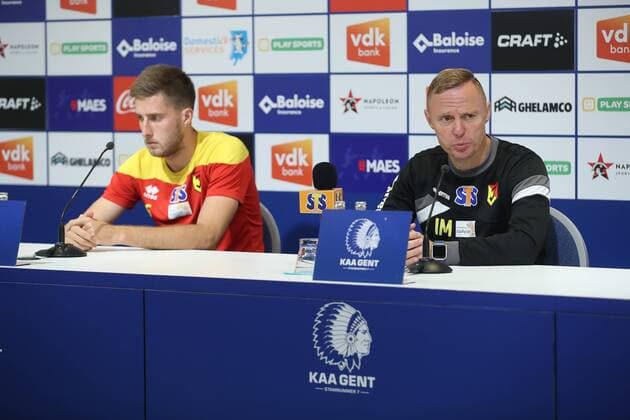 Jagiellonia s Taras Romanchuk and Jagiellonia s head coach Ireneusz Mamrot pictured during a press conference PK Pressekonferenz of Poland club Jagiellonia Bialystok, Wednesday 15 August 2018 in Gent, ahead of the return leg of the third qualification game of Jagiellonia Bialystok in the Europa League competition, against Belgian first division soccer team KAA Gent, Tomorrow. BRUNOxFAHY  x05406654x