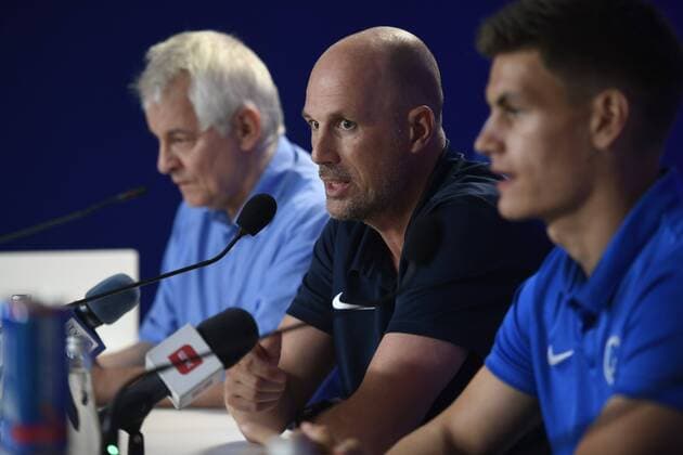POZNAN,POLAND - AUGUST 15 : Philippe Clement head coach of KRC Genk and Joakim Maehle forward of KRC Genk pictured during press conference PK Pressekonferenz prior to the UEFA Europa League, Third qualifying round, 2 nd leg between KRC Genk and KKS Lech Poznan at the INEA Stadium on August 16, 2018 in Poznan, Poland 15 08 2018 FOOTBALL : Conference De Presse KRC Genk - Poznan - 15 08 2018 PhotoNews Panoramic 