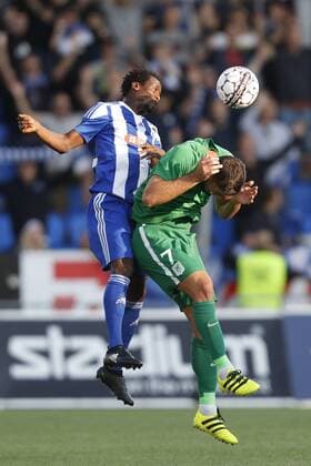 Fußball, EL Quali, HJK Helsinki - NK Olimpija Ljubljana Anthony Annan 22, HJK Helsinki, FIN and Rok Kronaveter 7, Olimpija Ljubljana, SVN during their UEFA Champions League 3QR match HJK Helsinki - Olimpija Ljubljana in Telia 5G Arena 16. August 2018 in Helsinki, Finland.  Copyright: xKallexParkkinenx NP24_00328930