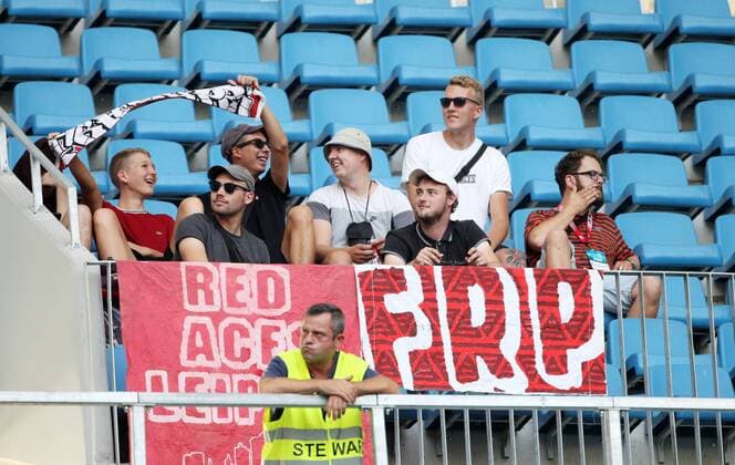 Craiova RB Leipzig Soccer Euro League Qualifiers Craiova 16 08 2018 Stadionul Ion Oblemenco Soccer UEFA Euro League Qualification 3 Round 2nd Leg CS Universitatea Craiova vs RB Leipzig The picture shows fans of RB Leipzig