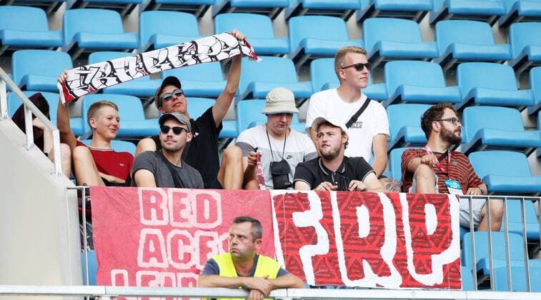 Craiova RB Leipzig Soccer Euro League Qualifiers Craiova 16 08 2018 Stadionul Ion Oblemenco Soccer UEFA Euro League Qualification 3 Round 2nd Leg CS Universitatea Craiova vs RB Leipzig The picture shows fans of RB Leipzig