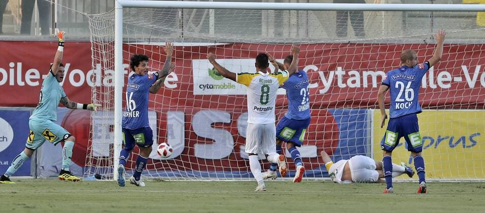 SOCCER - EL, Larnaca vs Sturm LARNACA,CYPRUS,16.AUG.18 - SOCCER - UEFA Europa League, AEK Larnaka vs SK Sturm Graz. Image shows Tobias Schuetzenauer (Sturm), Philipp Hosiner (Sturm), Acoran (Larnaca), Lukas Spendlhofer (Sturm) and Fabian Koch (Sturm). GEPAxpictures xM.xOberlaender