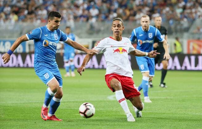 Craiova RB Leipzig Soccer Euro League Qualifiers Craiova 16 08 2018 Stadionul Ion Oblemenco Soccer UEFA Euro League Qualification 3 Round 2nd leg CS Universitatea Craiova vs RB Leipzig Left picture Marius Briceag 3 Craiova Yussuf Poulsen 9 RB Leipzig