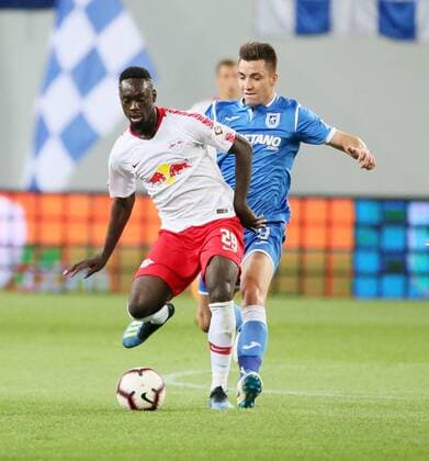 Craiova RB Leipzig Soccer Euro League Qualifiers Craiova 16 08 2018 Stadionul Ion Oblemenco Soccer UEFA Euro League Qualification 3 Round 2nd Leg CS Universitatea Craiova vs RB Leipzig Front Row Jean Kevin Augustin 29 RB Leipzig Alexandru Mateiu 8 Craiova