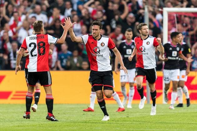 Fußball, EL Quali, Feyenoord Rotterdam - FK AS Trencin (L-R) Jens Toornstra of Feyenoord, Eric Botteghin of Feyenoord, Jan-Arie van der Heijden of Feyenoord during the UEFA Europa League third round qualifying second leg match between Feyenoord Rotterdam and AS Trencin at De Kuip on August 16, 2018 in Rotterdam, The Netherlands UEFA Europa League 2018 2019 xVIxVIxImagesx xGerritxvanxKeulenxIVx 11791493