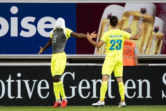 Gent s Taiwo Awoniyi celebrates after scoring during a soccer game between Belgian club KAA Gent and Polish team Jagiellonia Bialystok, Thursday 16 August 2018 in Gent, the return leg of the third qualification round for the Europa League competition. JASPERxJACOBS  x05407075x