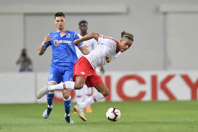 U Craiova 1984 Club Sportiv - RB Leipzig RB Leipzig s Yussuf Poulsen in action during during UEFA Europa League 2018 2019, Third Qualifying Round, 2st leg match between U Craiova 1984 Club Sportiv vs RB Leipzig on Ion Oblemenco Stadium, Craiova Romania, 16 August 2018 Copyright: xAlexxNicodimx