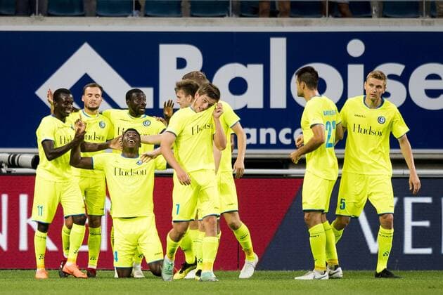 Gent s Taiwo Awoniyi celebrates after scoring during a soccer game between Belgian club KAA Gent and Polish team Jagiellonia Bialystok, Thursday 16 August 2018 in Gent, the return leg of the third qualification round for the Europa League competition. JASPERxJACOBS  x05407073x