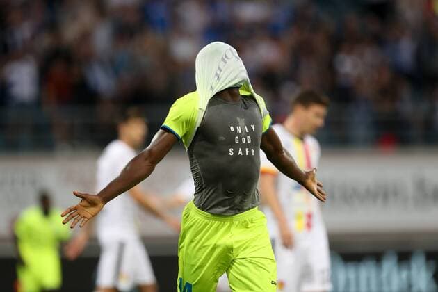Gent s Taiwo Awoniyi celebrates after scoring during a soccer game between Belgian club KAA Gent and Polish team Jagiellonia Bialystok, Thursday 16 August 2018 in Gent, the return leg of the third qualification round for the Europa League competition. BRUNOxFAHY  x05407082x