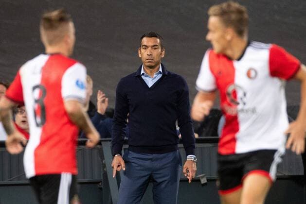Jordy Clasie of Feyenoord, coach Giovanni van Bronckhorst of Feyenoord, Jens Toornstra of Feyenoord during the UEFA Europa League third round qualifying second leg match between Feyenoord Rotterdam and AS Trencin at De Kuip on August 16, 2018 in Rotterdam, The Netherlands UEFA Europa League 2018 2019 xVIxVIxImagesx xTomxBodexMultimediaxIVx 11791873