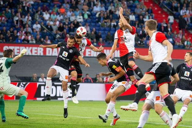 goalkeeper Igor Semrinec of AS Trencin, Martin Sulek of AS Trencin, Eric Botteghin of Feyenoord, Ashraf El Mahdioui of AS Trencin, Bart Nieuwkoop of Feyenoord, during the UEFA Europa League third round qualifying second leg match between Feyenoord Rotterdam and AS Trencin at De Kuip on August 16, 2018 in Rotterdam, The Netherlands UEFA Europa League 2018 2019 xVIxVIxImagesx xTomxBodexMultimediaxIVx 11791890