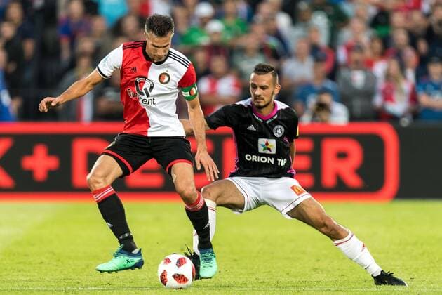 (L-R) Robin van Persie of Feyenoord, Martin Sulek of AS Trencin during the UEFA Europa League third round qualifying second leg match between Feyenoord Rotterdam and AS Trencin at De Kuip on August 16, 2018 in Rotterdam, The Netherlands UEFA Europa League 2018 2019 xVIxVIxImagesx xGerritxvanxKeulenxIVx 11791905