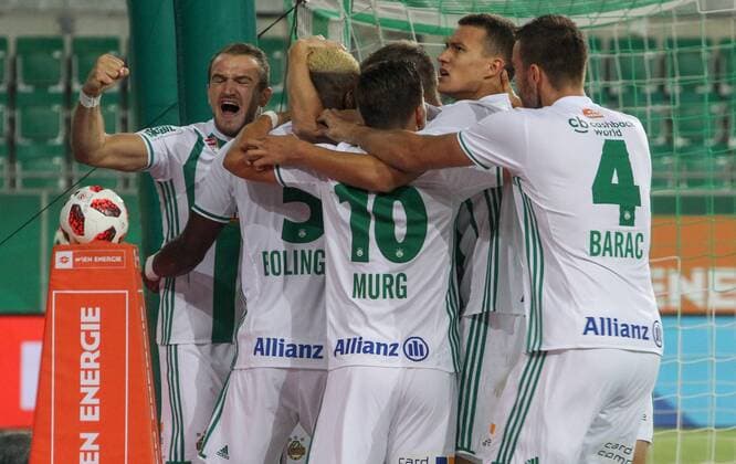 SOCCER - EL, Rapid vs Bratislava VIENNA,AUSTRIA,16.AUG.18 - SOCCER - UEFA Europa League, SK Rapid Wien vs Slovan Bratislava. Image shows the rejoicing of Rapid. Keywords: Wien Energie. GEPAxpictures xMarioxKneisl