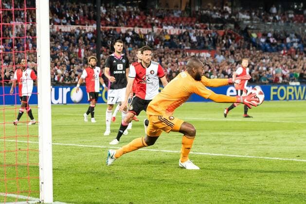(L-R) Eric Botteghin of Feyenoord, goalkeeper Kenneth Vermeer of Feyenoord during the UEFA Europa League third round qualifying second leg match between Feyenoord Rotterdam and AS Trencin at De Kuip on August 16, 2018 in Rotterdam, The Netherlands UEFA Europa League 2018 2019 xVIxVIxImagesx xGerritxvanxKeulenxIVx 11791915