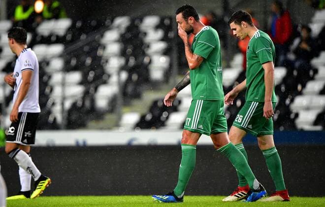 UEFA Europa League Third Qualifying Round Second Leg, Lerkendal Stadion, Trondheim, Norway 16 8 2018 Rosenborg vs Cork City Cork s Damien Delaney and Garry Buckley dejected after their side conceded a goal Damien Delaney and Garry Buckley dejected after their side conceded a goal 16 8 2018  Copyright: x©INPHO OlexMartinxWoldx td1618c3