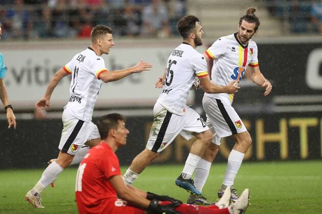 Jagiellonia s Martin Pospisil celebrates after scoring during a soccer game between Belgian club KAA Gent and Polish team Jagiellonia Bialystok, Thursday 16 August 2018 in Gent, the return leg of the third qualification round for the Europa League competition. BRUNOxFAHY  x05407169x