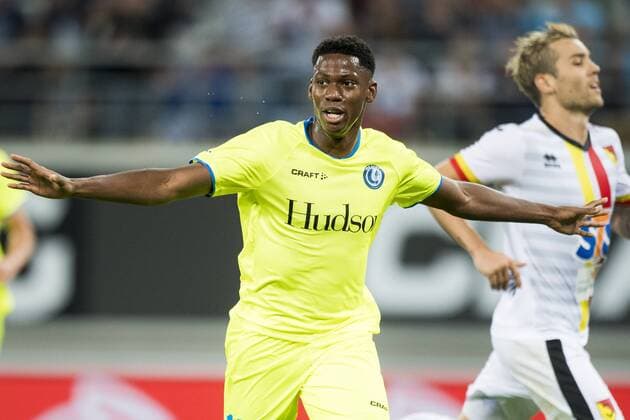 Gent s Jonathan David celebrates after scoring during a soccer game between Belgian club KAA Gent and Polish team Jagiellonia Bialystok, Thursday 16 August 2018 in Gent, the return leg of the third qualification round for the Europa League competition. JASPERxJACOBS  x05407208x