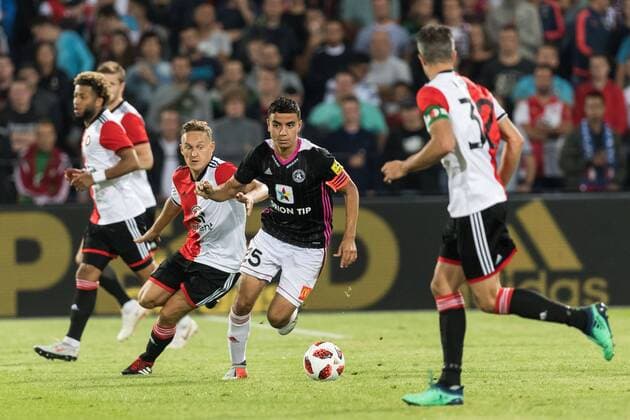 (L-R) Tonny Vilhena of Feyenoord, Jens Toornstra of Feyenoord, Achraf El Mahdioui of AS Trencin, Robin van Persie of Feyenoord during the UEFA Europa League third round qualifying second leg match between Feyenoord Rotterdam and AS Trencin at De Kuip on August 16, 2018 in Rotterdam, The Netherlands UEFA Europa League 2018 2019 xVIxVIxImagesx xGerritxvanxKeulenxIVx 11792335