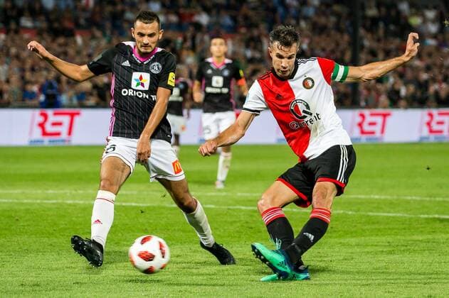 ROTTERDAM , 16-08-2018 , Stadium De Kuip , Football , Season 2018 2019 , Europa League , Third qualifying round , Feyenoord - Trencin ,Final Result 1-1 , Feyenoord player Robin van Persie (r) Trencin player Martin Sulek during the the match Feyenoord - Trencin  x2401238x