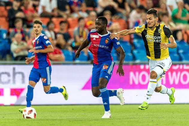 Soccer Europa League 3rd qualifying round 18 19 FC Basel 1893 Vitesse Arnhem 16 08 2018 Oussama Darfalou Vitesse Arnhem 13 in a duel with Eder Balanta FCB 23 at Europa League qualifying round 3 Match between FC Basel 1893 and Vitesse Arnhem on Thursday 16 August 2018 at St Jakob Park in Basel xGRGx